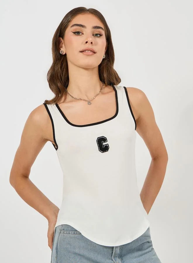 Styli Embroidered Contrast Binding Square Neck Regular Tank