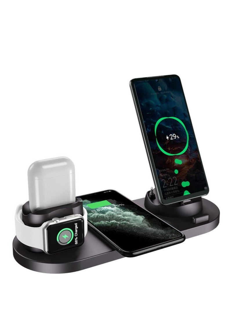 6-in-1 Charging Dock Station for Apple Watch, iPhone 13/12/11/11 Pro/11 Pro Max/X/XS/XR, Samsung S20/S10, and Qi Phones - Black