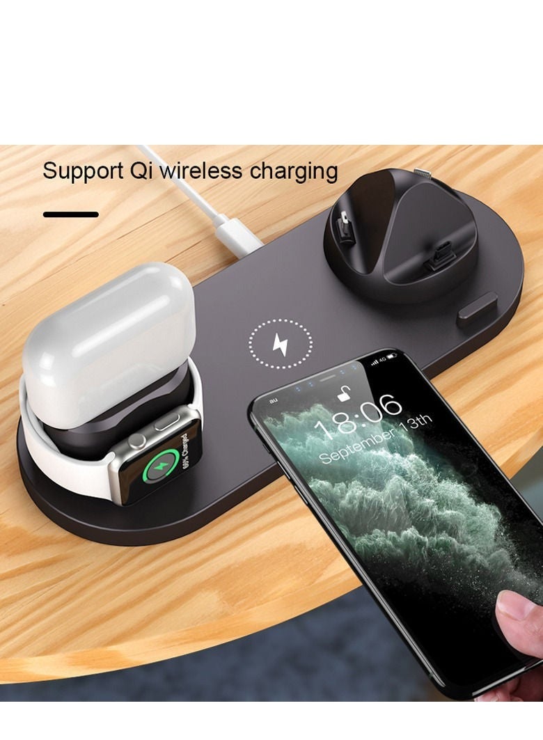 6-in-1 Charging Dock Station for Apple Watch, iPhone 13/12/11/11 Pro/11 Pro Max/X/XS/XR, Samsung S20/S10, and Qi Phones - Black