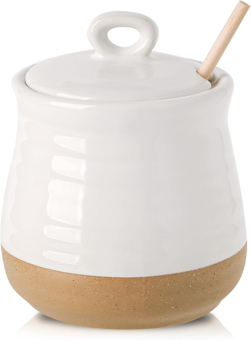 Hasense Ceramic Honey Pot with Lid and Dipper Stick, 12 Ounce HoneyJar Dish for Home Kitchen, Farmhouse Honey Container for Christmas Gift, Dishwasher Safe, White - Image 1