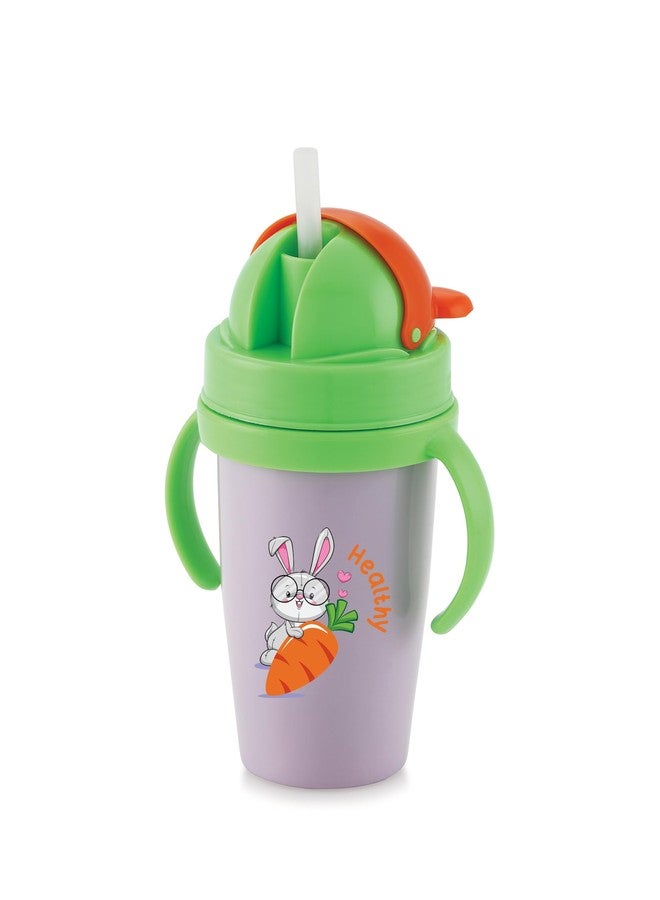 Zerya Inner Stainless Steel Outer Plastic 360ml BPA-Free Cute Animal Design Baby Sipper Kids Water Bottle with Straw and Side Handle for Kids (Gravity - Purple) - Image 1