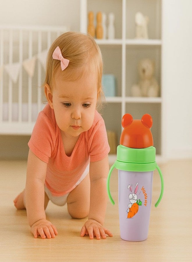 Zerya Inner Stainless Steel Outer Plastic 360ml BPA-Free Cute Animal Design Baby Sipper Kids Water Bottle with Straw and Side Handle for Kids (Gravity - Purple) - Image 4
