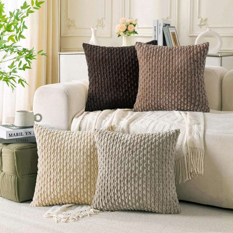 Cozoomy Set of 4 Beige Brown Coffee Decorative Pillow Covers 18x18 Inch Corduroy Throw Pillow Covers for Bed Couch Sofa Living Room Soft Cushion Cases - Image 1