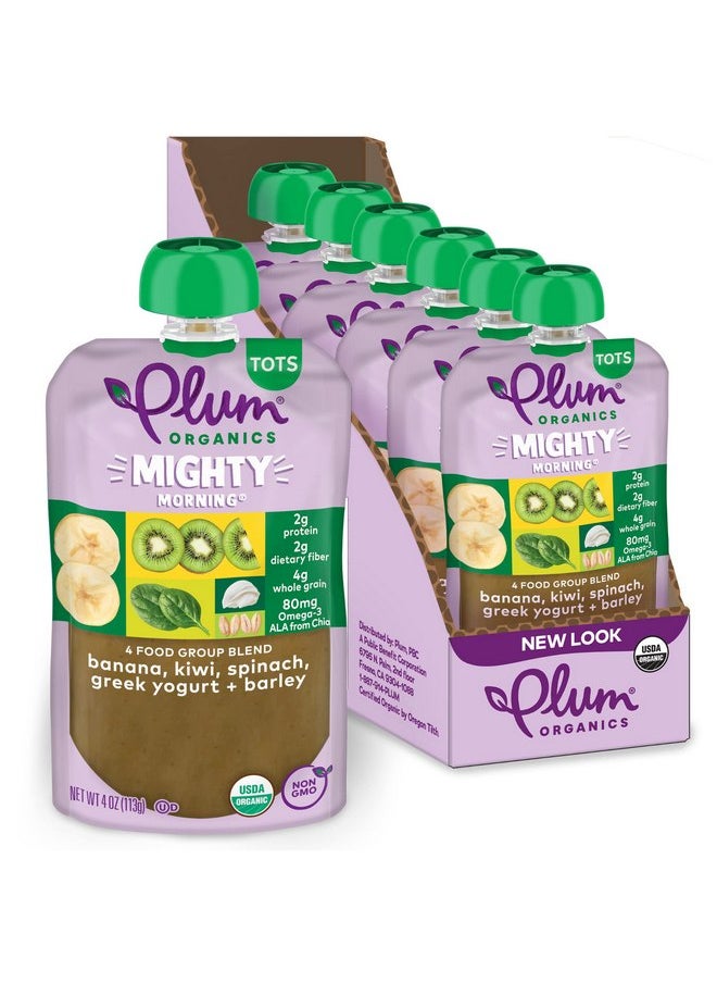 بلام أورجانيكس طعام عضوي للأطفال الصغار من Plum Organics Mighty Morning - موز وكيوي وسبانخ وزبادي يوناني وشعير - كيس 4 أونصة (عبوة من 6 قطع) - كيس طعام للأطفال الصغار من الفواكه والخضروات العضوية  - Image 1