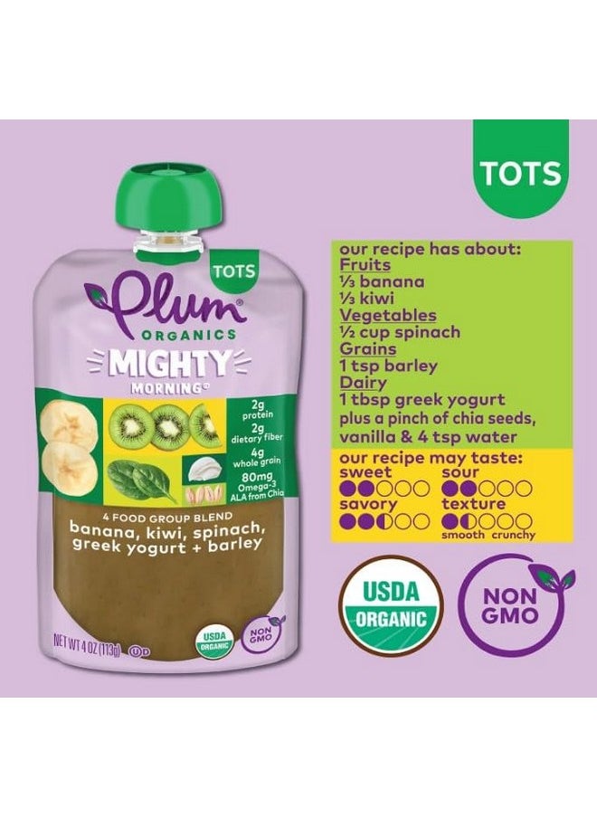 بلام أورجانيكس طعام عضوي للأطفال الصغار من Plum Organics Mighty Morning - موز وكيوي وسبانخ وزبادي يوناني وشعير - كيس 4 أونصة (عبوة من 6 قطع) - كيس طعام للأطفال الصغار من الفواكه والخضروات العضوية  - Image 2