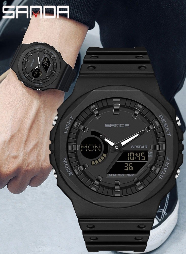 SANDA Top Luxury Men's Quartz Watches Waterproof Men Sport Watch Dual Display LED Digital Wristwatch Black - Image 2