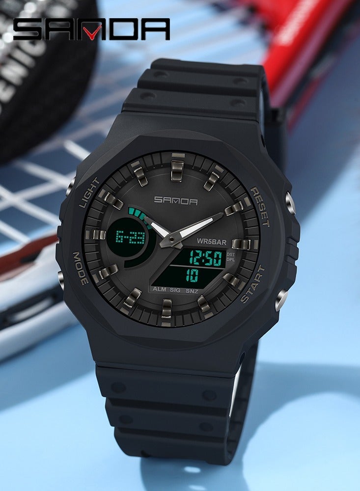 SANDA Top Luxury Men's Quartz Watches Waterproof Men Sport Watch Dual Display LED Digital Wristwatch Black - Image 1