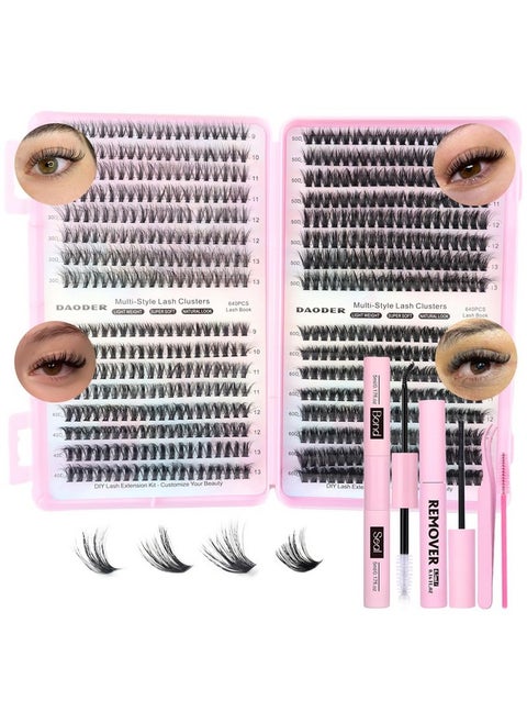 DAODER Wispy Lash Extension Kit 640Pcs Cluster Lashes Natural Look, Short Lash Clusters Kit 9-13mm 30D 40D 50D 60D D Curl Individual Lashes Kit with Lash Bond Seal Remover(30D+40D+50D+60D Kit 9-13mm)