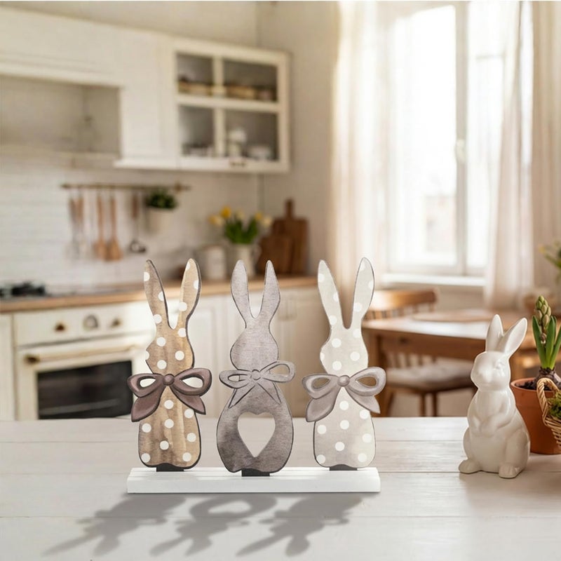 Sm:)e Smile Easter Bunny Trio Wooden Decor, Rustic 3-Bunny Silhouette Sign with Bows & Heart Detail for Spring Tiered Tray Decor - Image 3