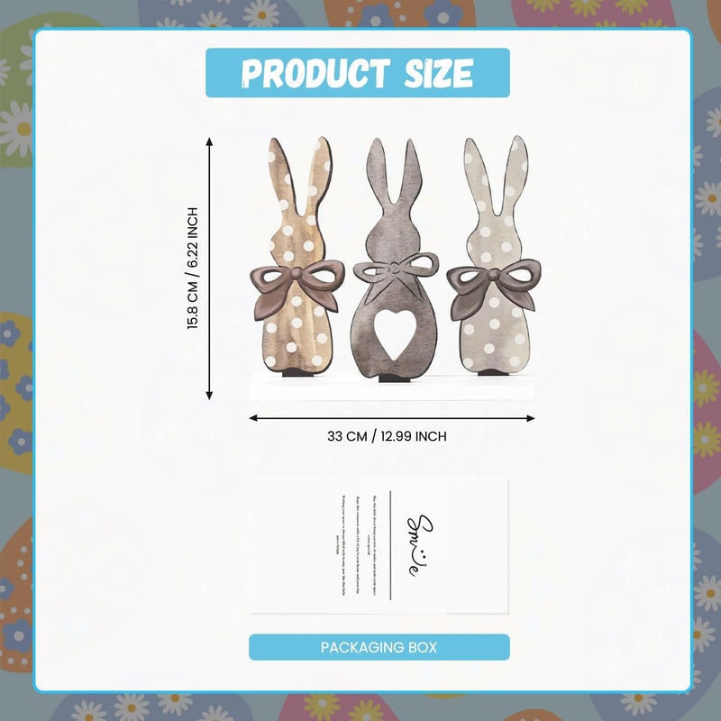 Sm:)e Smile Easter Bunny Trio Wooden Decor, Rustic 3-Bunny Silhouette Sign with Bows & Heart Detail for Spring Tiered Tray Decor - Image 2