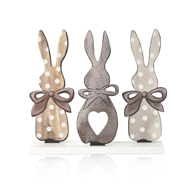 Sm:)e Smile Easter Bunny Trio Wooden Decor, Rustic 3-Bunny Silhouette Sign with Bows & Heart Detail for Spring Tiered Tray Decor - Image 1