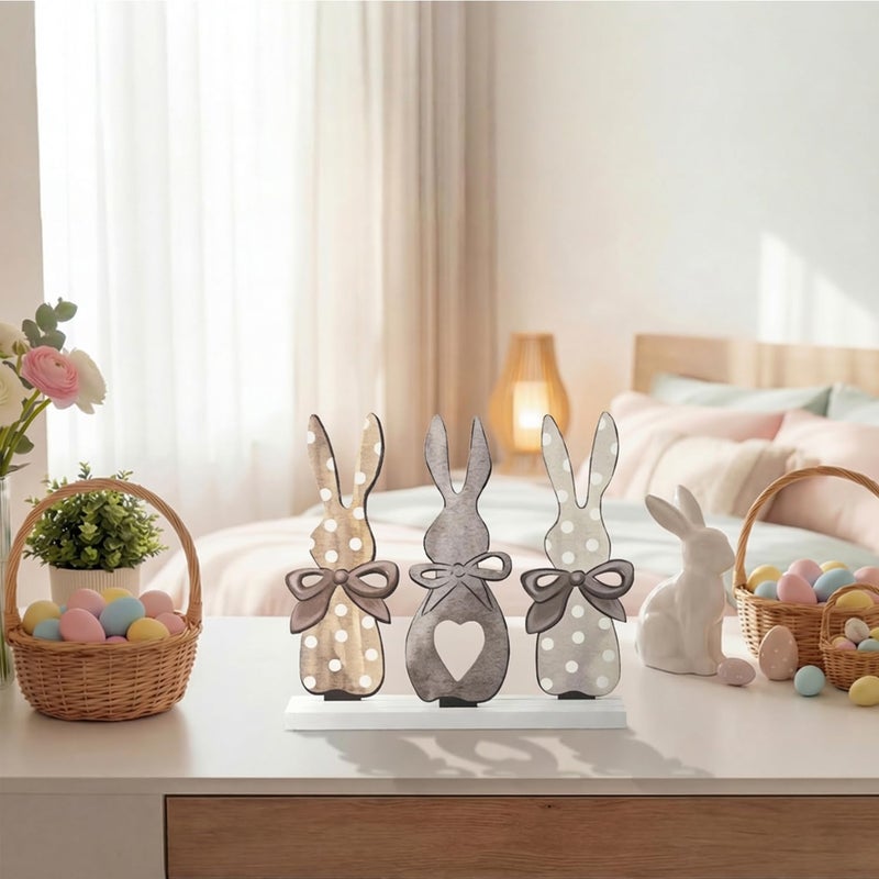 Sm:)e Smile Easter Bunny Trio Wooden Decor, Rustic 3-Bunny Silhouette Sign with Bows & Heart Detail for Spring Tiered Tray Decor - Image 5