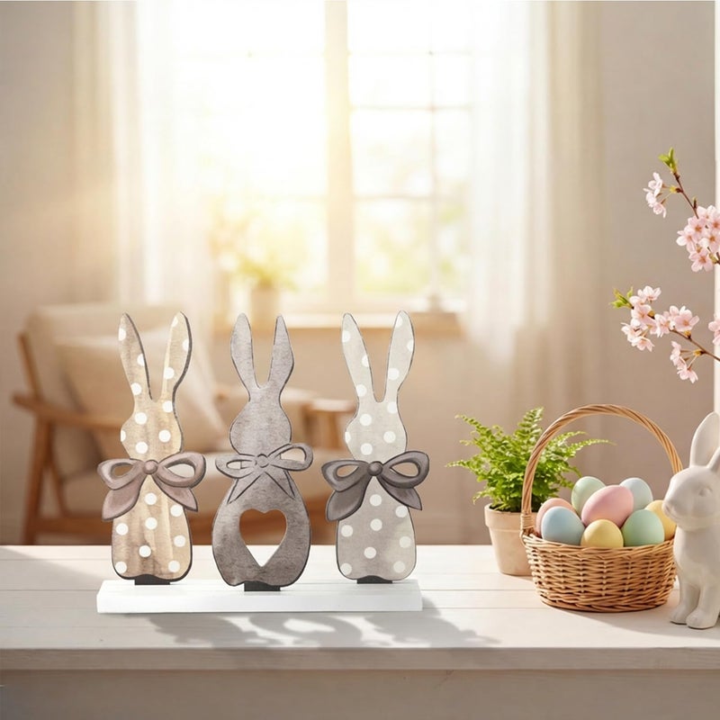 Sm:)e Smile Easter Bunny Trio Wooden Decor, Rustic 3-Bunny Silhouette Sign with Bows & Heart Detail for Spring Tiered Tray Decor - Image 4