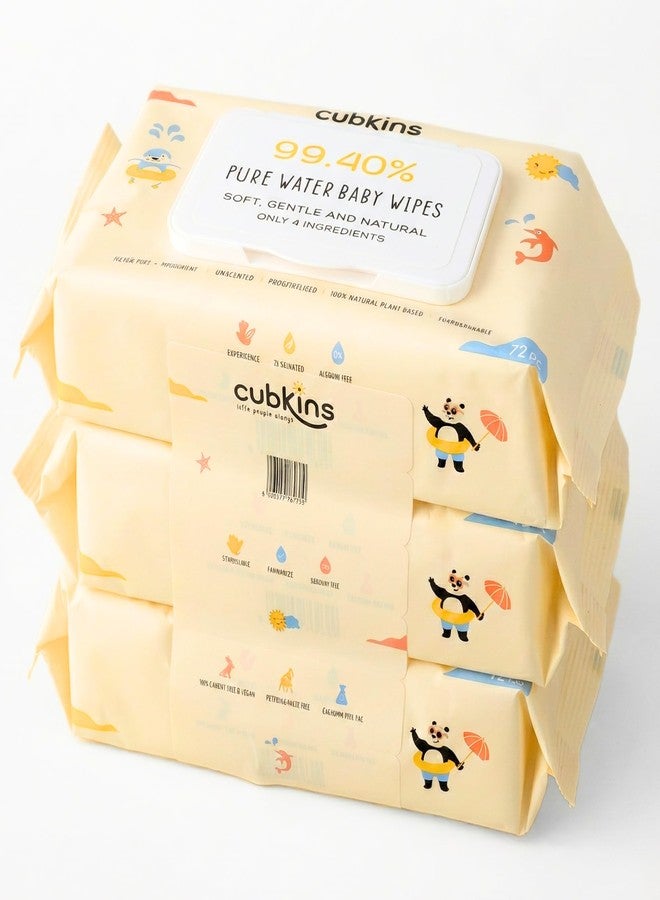 Cubkins Pure Water Baby Wipes | 99.4% Water & Plant-Based Fabric | Unscented, Biodegradable & Hypoallergenic | Cleansing for Sensitive Newborn Skin | Pack of 3 x 72 Wipes Pack (Flip Lid) - Image 1