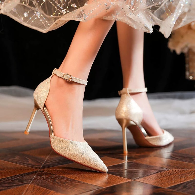 Pumps Pointed Toe Block Heels Satin Gold Women's Shoes - Image 2