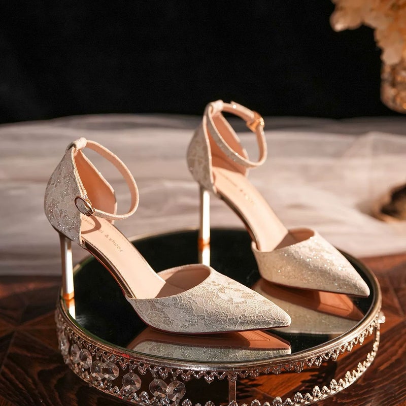 Pumps Pointed Toe Block Heels Satin Gold Women's Shoes - Image 3