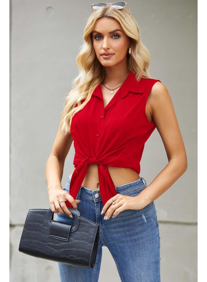 zeagoo Women's Sleeveless Button Down Shirts Blouses Casual Loose V Neck Tank Tops for Work S-XXL, Red, S - Image 4