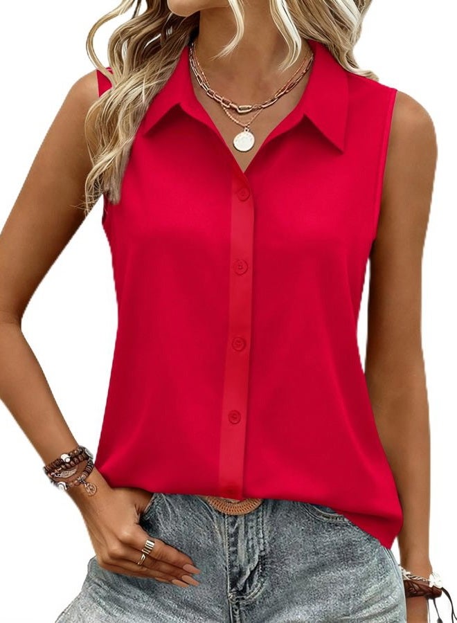 zeagoo Women's Sleeveless Button Down Shirts Blouses Casual Loose V Neck Tank Tops for Work S-XXL, Red, S - Image 1