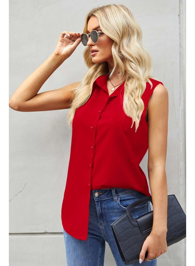 zeagoo Women's Sleeveless Button Down Shirts Blouses Casual Loose V Neck Tank Tops for Work S-XXL, Red, S - Image 2