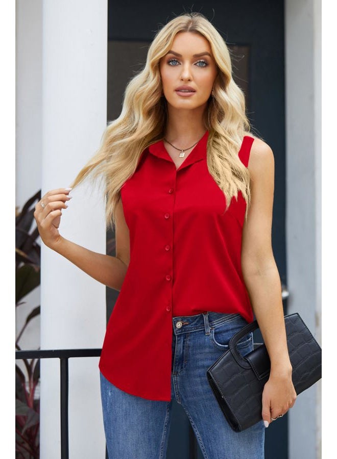 zeagoo Women's Sleeveless Button Down Shirts Blouses Casual Loose V Neck Tank Tops for Work S-XXL, Red, S - Image 3
