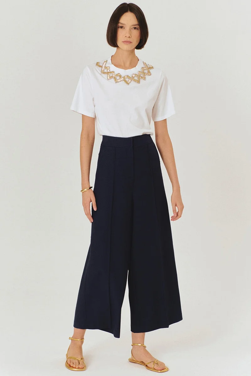 EXQUISE High-waisted wide-leg navy culotte pants