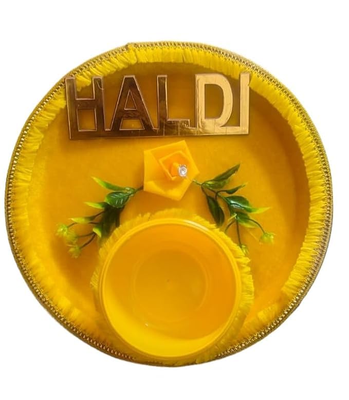 Jasmine Decor Traditional Haldi TurmericMehndi Ceremony Platter for Indian preWedding or preEngagement Ceremonies YellowHaldi Thali  - Image 1