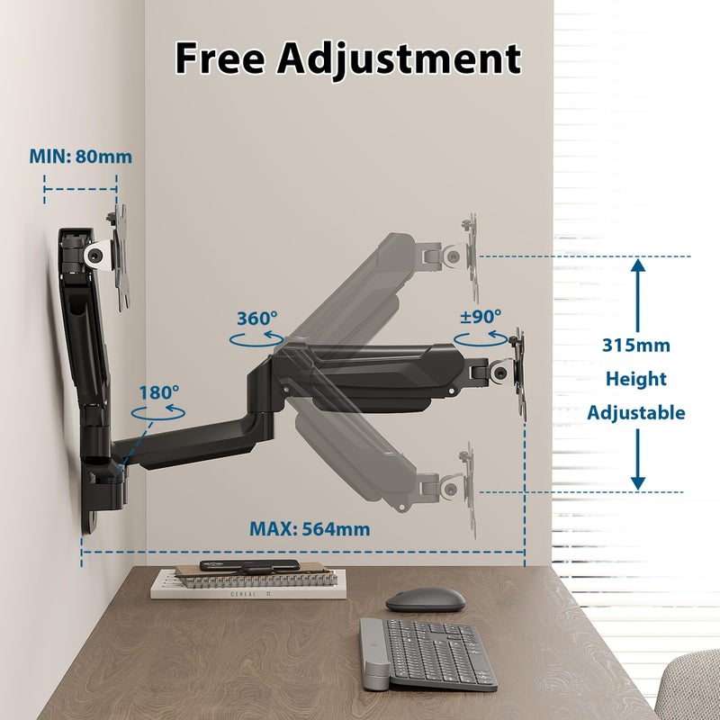 BONTEC Monitor Wall Mount Bracket for 13-32 Inch Screens, Fully Adjustable Gas Spring Monitor Arm, Height Adjustable, Tilt Swivel & Rotate, Holds up to 19.8 lbs, VESA 75x75, 100x100 mm - Image 2