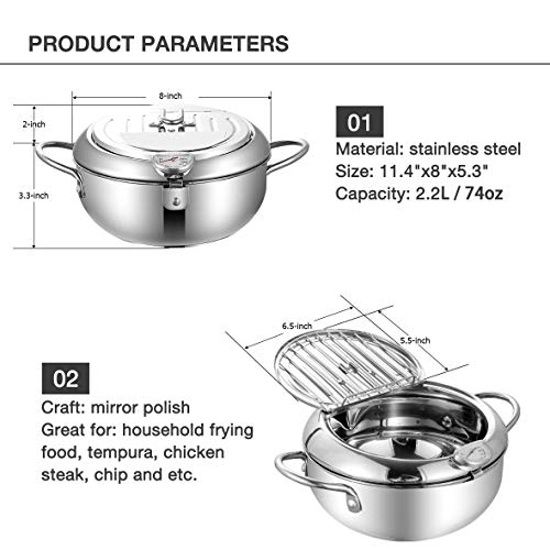 EAMATE Tempura Fry Pot, Stainless Steel Tempura Deep Fryer with Thermometer, 8 Inches, Mini Size Perfect for 2-3 People - Image 2
