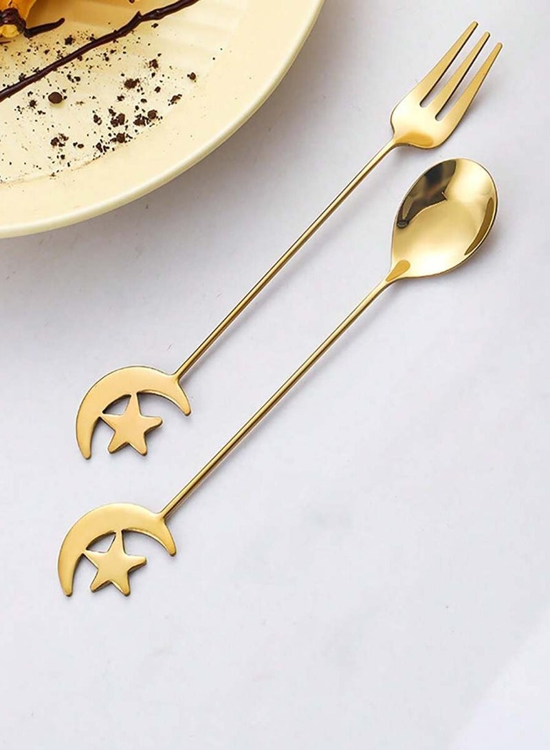 4 Pieces Gold Stainless Steel Flatware Set, 4 Gold Star Moon Spoons  - Image 2