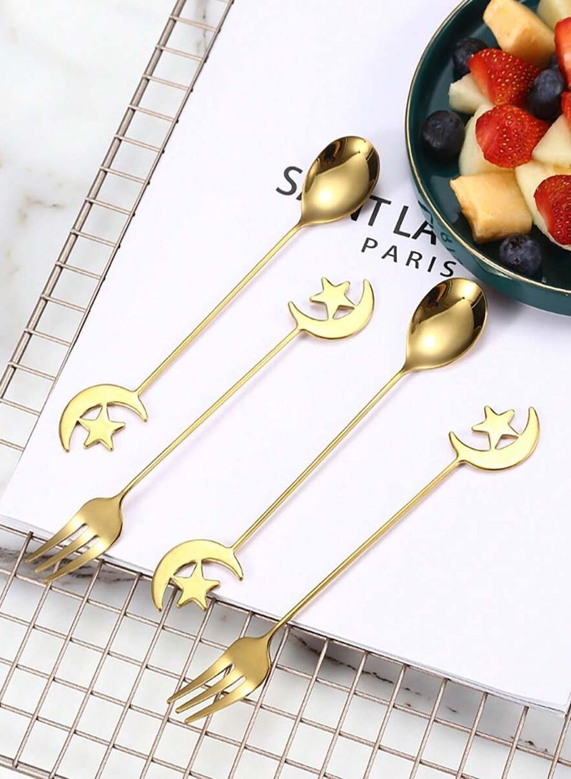 4 Pieces Gold Stainless Steel Flatware Set, 4 Gold Star Moon Spoons  - Image 3