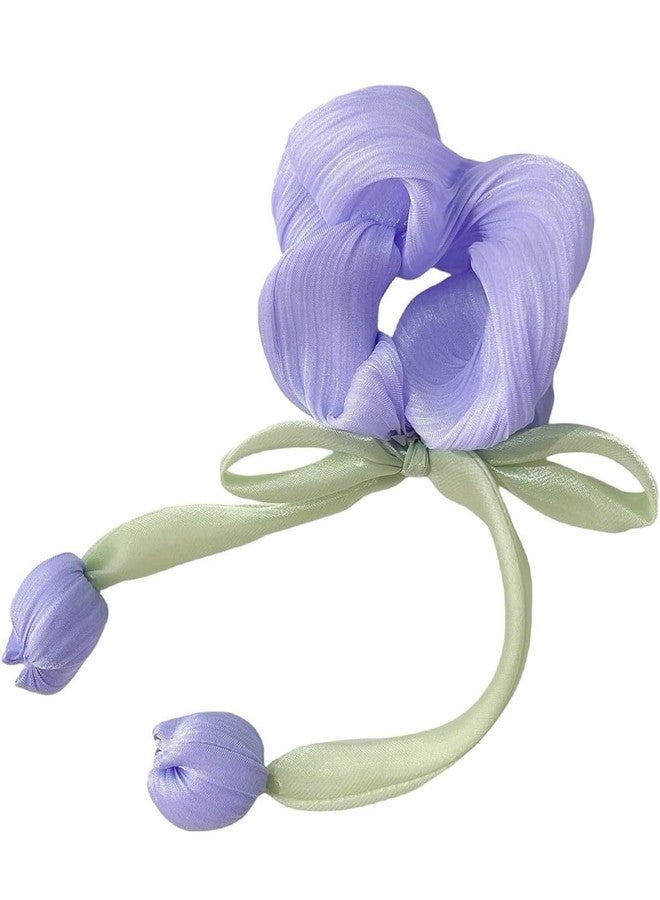 FICTIOUS Elegant Korean Tulip Hair Clip and Satin Scrunchies Set for Women & Girls - Floral Organza Headdress with Hanging Looms - Hair Accessories for Weddings, Parties (2 PCS, Multicolor) - Image 3