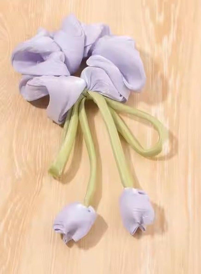 FICTIOUS Elegant Korean Tulip Hair Clip and Satin Scrunchies Set for Women & Girls - Floral Organza Headdress with Hanging Looms - Hair Accessories for Weddings, Parties (2 PCS, Multicolor) - Image 1
