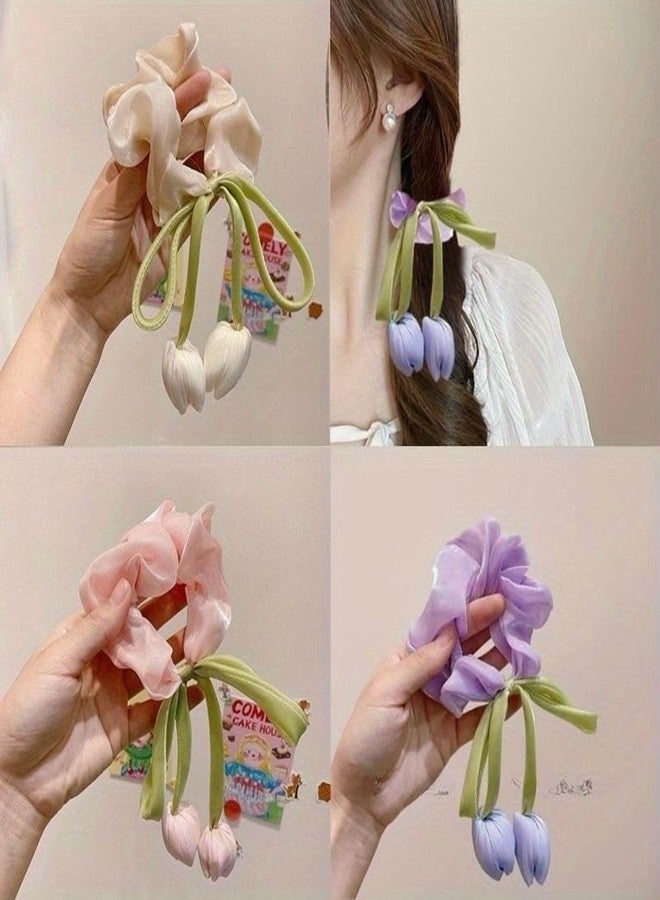 FICTIOUS Elegant Korean Tulip Hair Clip and Satin Scrunchies Set for Women & Girls - Floral Organza Headdress with Hanging Looms - Hair Accessories for Weddings, Parties (2 PCS, Multicolor) - Image 2