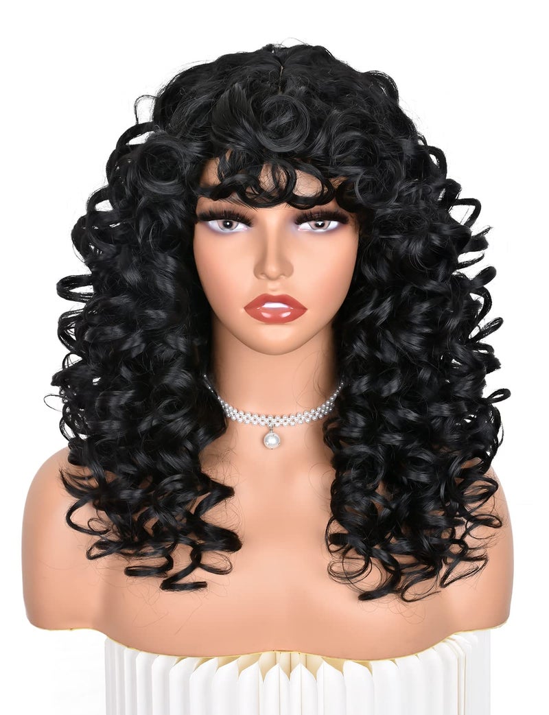 ANNISOUL Black Curly Wigs for Black Women Long Curly Afro Wig with Bangs for Women Big Bouncy Fluffy Synthetic Fiber Glueless Hair for Cosplay and Daily