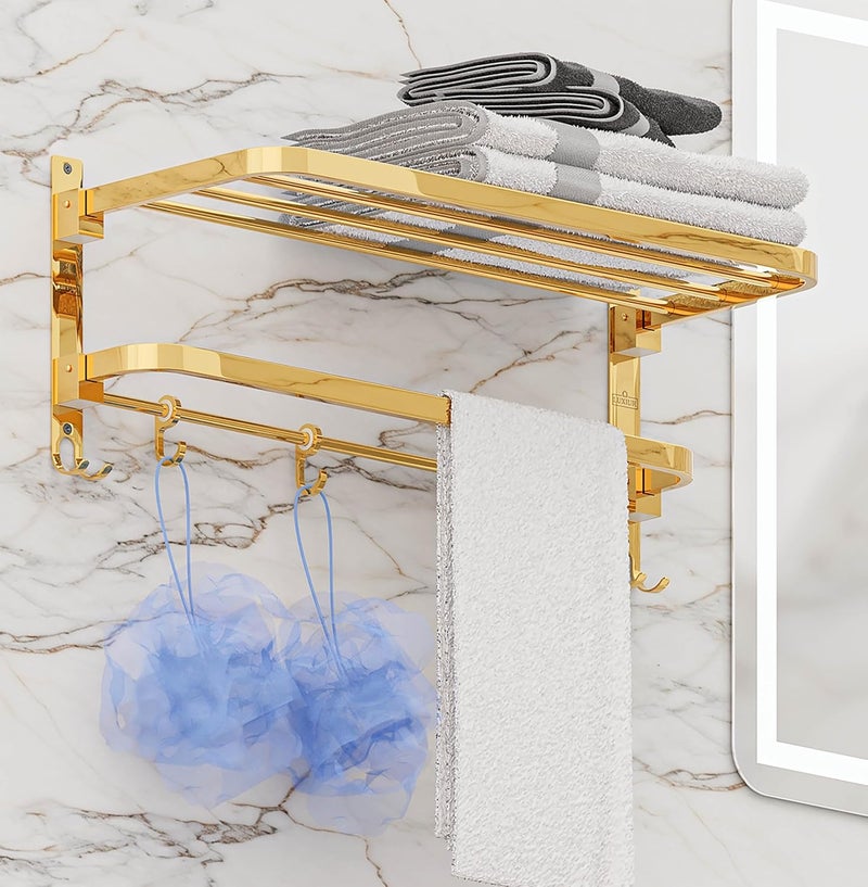 LUXIUR Towel Rack for Bathroom, Shelf for Wall with Towel Hooks, Towel Rack, Kitchen Accessories Items Wall Mounted for Heavy-Duty Elegance (Gold, 24 Inch) - Image 1