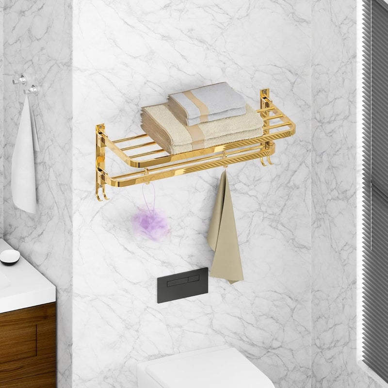 LUXIUR Towel Rack for Bathroom, Shelf for Wall with Towel Hooks, Towel Rack, Kitchen Accessories Items Wall Mounted for Heavy-Duty Elegance (Gold, 24 Inch) - Image 4