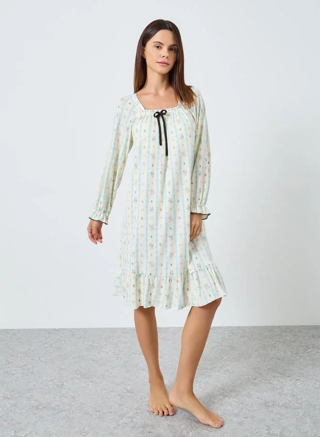 ستايلي قميص نوم بياقة مربعة بطبعة حيوانات وتفاصيل فيونكة