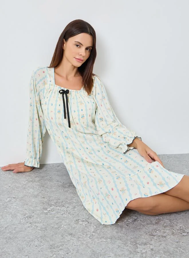 ستايلي قميص نوم بياقة مربعة بطبعة حيوانات وتفاصيل فيونكة