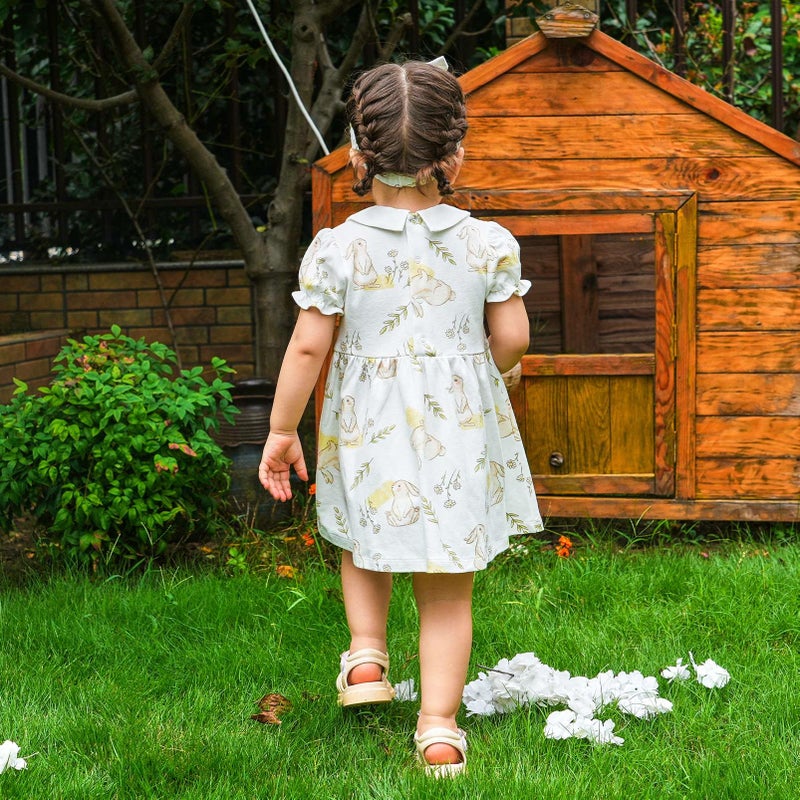 pureborn Baby Girls Dress with Bloomer Peter-pan Collar Short Sleeve Cotton Easter Dresses Playwear Dress with Headband Field Rabbit 0-3 Months - Image 3