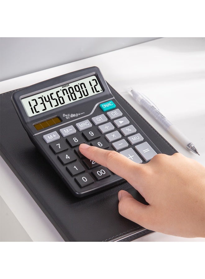 ديلي Deli [الأكثر شيوعًا] حاسبة مكتبية خفيفة الوزن مزدوجة الطاقة، حاسبة مكتبية بشاشة كبيرة 12 رقم، لوازم القرطاسية المكتبية، أسود 837 - Image 1