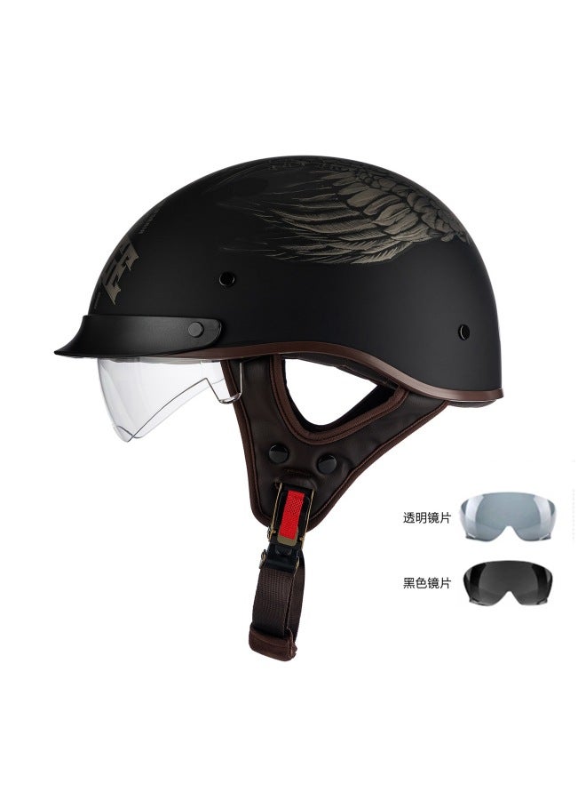 Rw-015 Dumb Black Skull Motorcycle Half Helmet, 3C Certified, All Seasons, Transparent + Black Lenses, for Electric Vehicle Riding