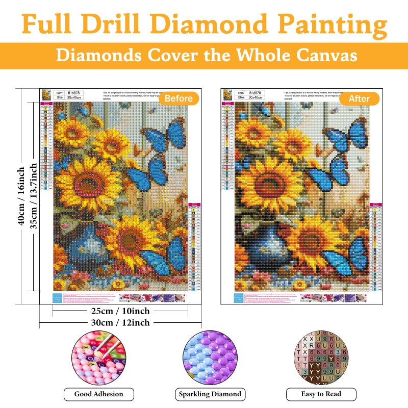 Okarina Diamond Art Kits for Adults Sunflower, DIY 5D Diamond Painting Kit for Beginners Flower Butterfly, Full Round Drill Gem Art Dots for Adults, Perfect for Home Wall Decor 12X16 Inch - Image 2