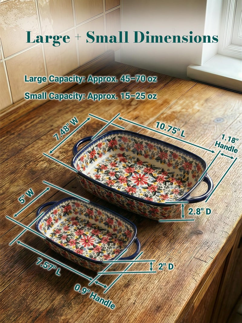 Moqidadii Polish Pottery Style Ceramic Baking Dish Set, 2-Piece Casserole Bakers for 2â€“3 People, Floral Decorative Bakeware, Oven Safe Lasagna Pan, Microwave Dishwasher Safe, Gift-Ready, Protective Packaging - Image 4