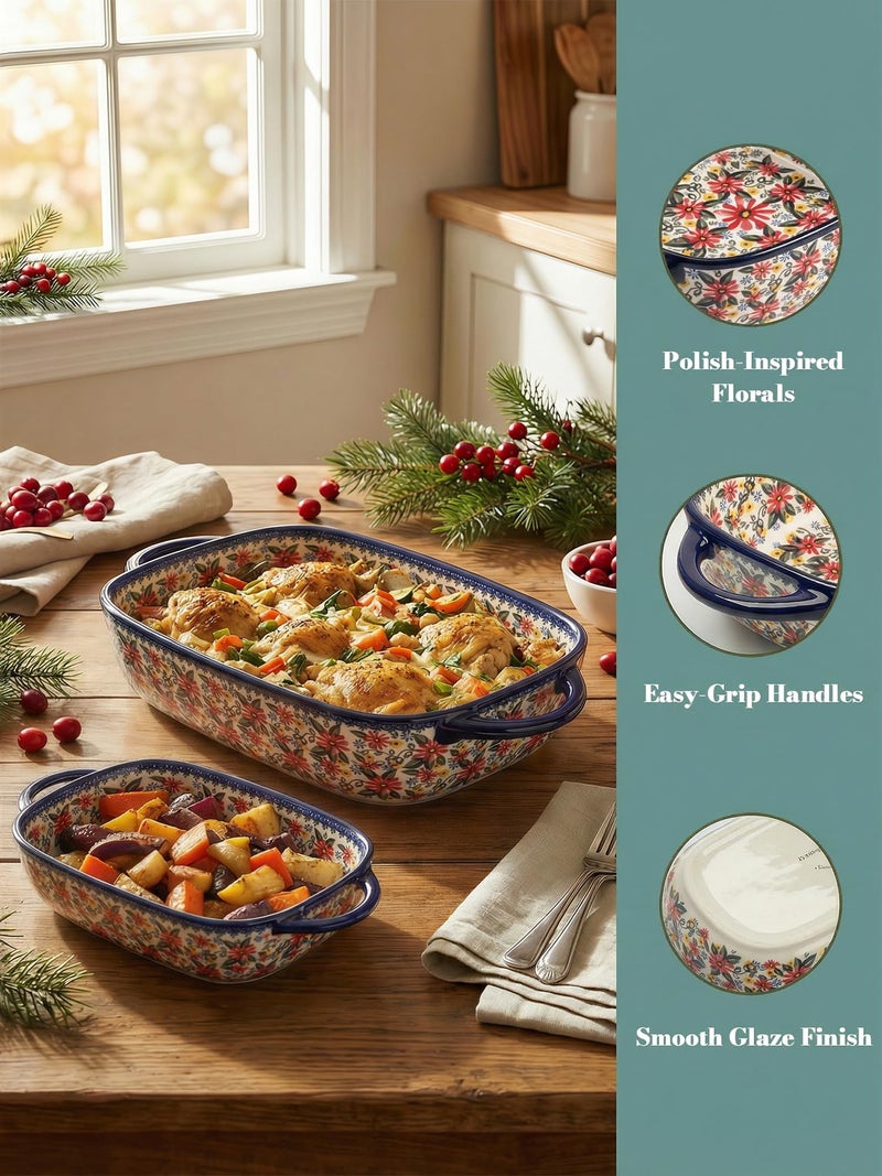 Moqidadii Polish Pottery Style Ceramic Baking Dish Set, 2-Piece Casserole Bakers for 2â€“3 People, Floral Decorative Bakeware, Oven Safe Lasagna Pan, Microwave Dishwasher Safe, Gift-Ready, Protective Packaging - Image 5