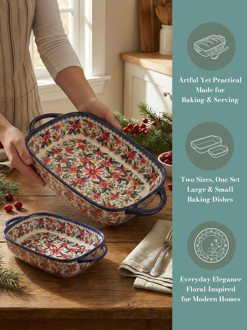 Moqidadii Polish Pottery Style Ceramic Baking Dish Set, 2-Piece Casserole Bakers for 2â€“3 People, Floral Decorative Bakeware, Oven Safe Lasagna Pan, Microwave Dishwasher Safe, Gift-Ready, Protective Packaging - Image 2