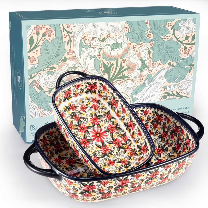 Moqidadii Polish Pottery Style Ceramic Baking Dish Set, 2-Piece Casserole Bakers for 2â€“3 People, Floral Decorative Bakeware, Oven Safe Lasagna Pan, Microwave Dishwasher Safe, Gift-Ready, Protective Packaging - Image 1