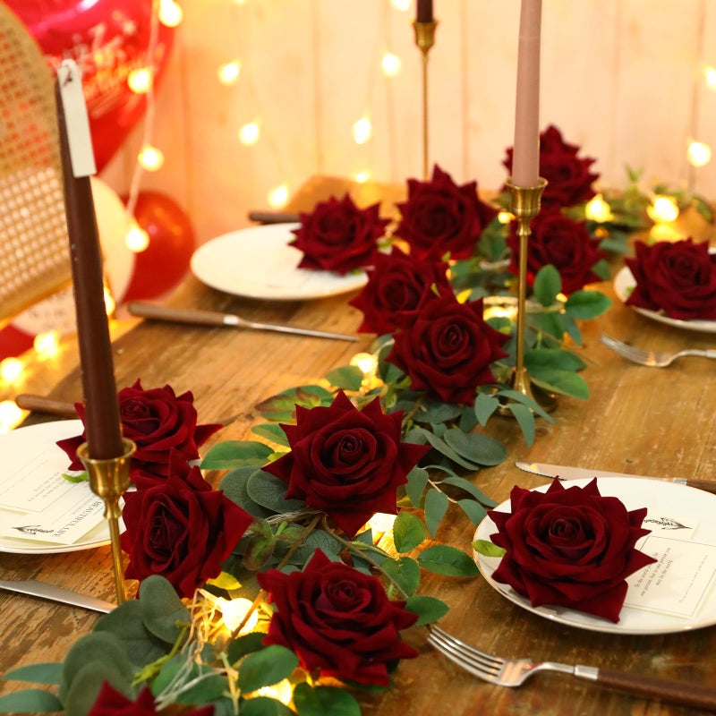 Floweroyal 15PCS Burgundy Roses Artificial Flowers 4.33" Velvet Flowers with Long Stem Fake Roses for Valentine's Day, Wedding Bridal Bouquets, Floral Arrangement, Table Centerpieces, Home Decorations - Image 5