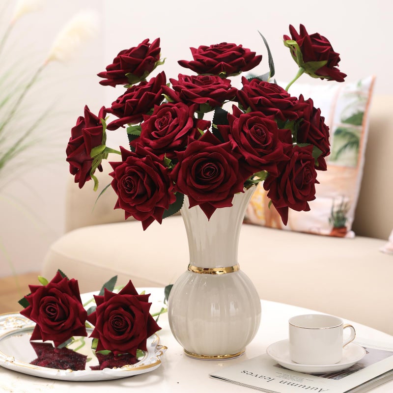 Floweroyal 15PCS Burgundy Roses Artificial Flowers 4.33" Velvet Flowers with Long Stem Fake Roses for Valentine's Day, Wedding Bridal Bouquets, Floral Arrangement, Table Centerpieces, Home Decorations - Image 4