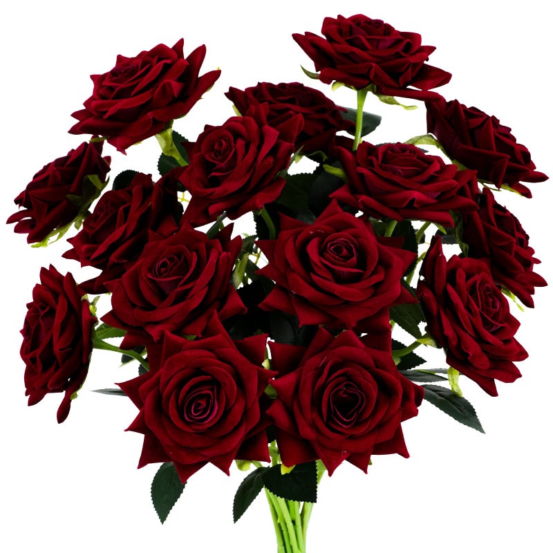 Floweroyal 15PCS Burgundy Roses Artificial Flowers 4.33" Velvet Flowers with Long Stem Fake Roses for Valentine's Day, Wedding Bridal Bouquets, Floral Arrangement, Table Centerpieces, Home Decorations - Image 1
