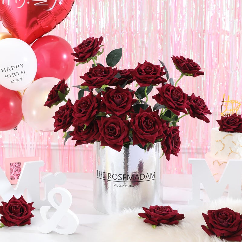 Floweroyal 15PCS Burgundy Roses Artificial Flowers 4.33" Velvet Flowers with Long Stem Fake Roses for Valentine's Day, Wedding Bridal Bouquets, Floral Arrangement, Table Centerpieces, Home Decorations - Image 3